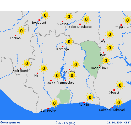 índice uv Costa de Marfil África Mapas de pronósticos