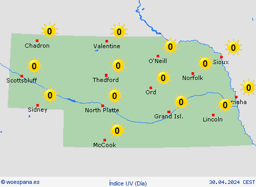 índice uv Nebraska Norteamérica Mapas de pronósticos