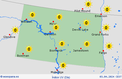 índice uv Dakota del Norte Norteamérica Mapas de pronósticos