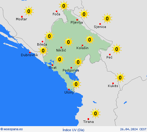 índice uv Montenegro Europa Mapas de pronósticos