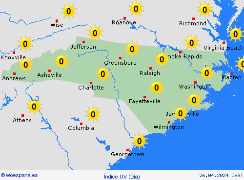 índice uv Carolina del Norte Norteamérica Mapas de pronósticos