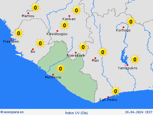 índice uv Liberia África Mapas de pronósticos